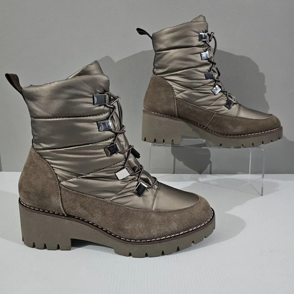 NEW Blondo Daylor Ankle Boot Sz 9.5 Taupe Nylon Suede Waterproof Lug Sole Puffy - Picture 3 of 15